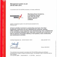 Rhomberg Sersa Canada Inc. ISO-Certificate 9001